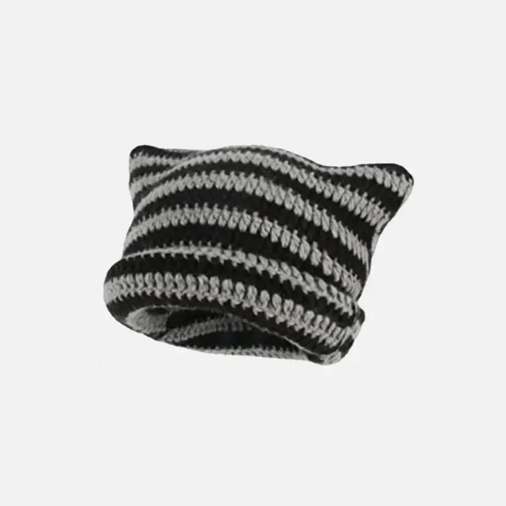 Cute y2k striped cat ears beanie for fashionable outfits black gray / one size beanies