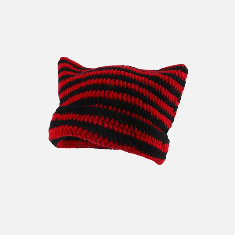 Cute y2k striped cat ears beanie for fashionable outfits black red / one size beanies