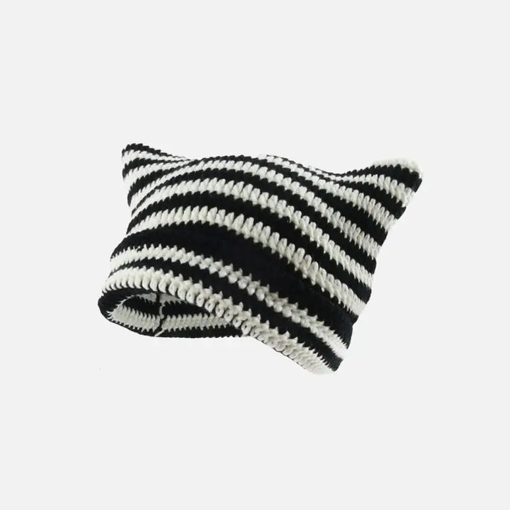 Cute y2k striped cat ears beanie for fashionable outfits black white / one size beanies
