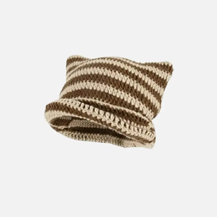 Cute y2k striped cat ears beanie for fashionable outfits coffee beige / one size beanies