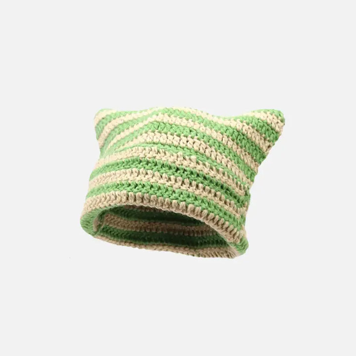 Cute y2k striped cat ears beanie for fashionable outfits green beige / one size beanies
