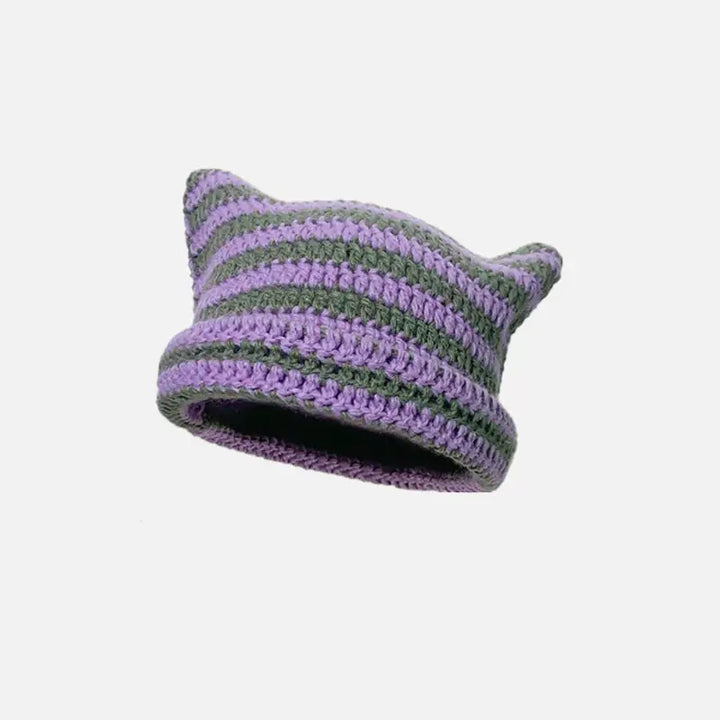 Cute y2k striped cat ears beanie for fashionable outfits green purple / one size beanies