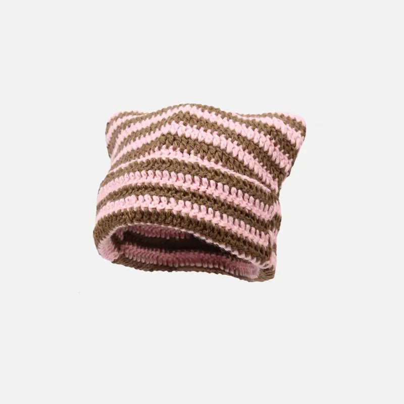 Cute y2k striped cat ears beanie for fashionable outfits pink coffee / one size beanies