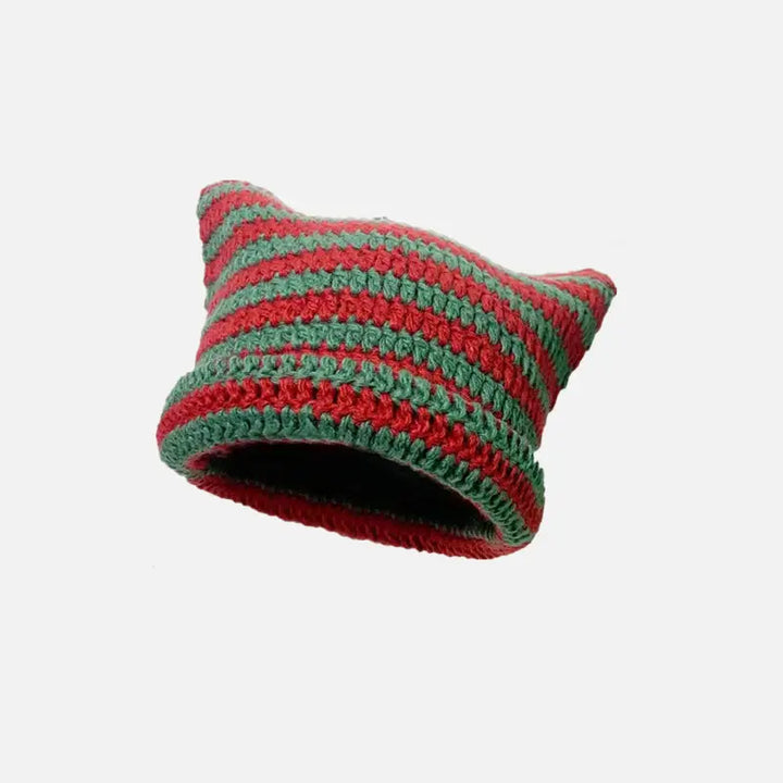 Cute y2k striped cat ears beanie for fashionable outfits red green / one size beanies