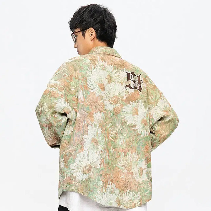 Y2k floral print varsity style jacket with daisy flowers
