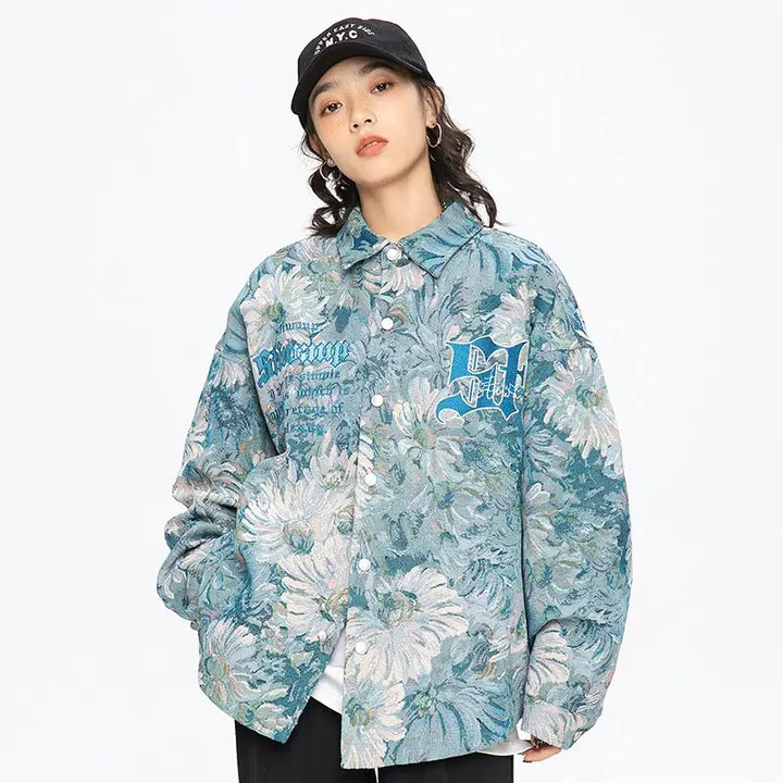 Y2k floral print varsity style jacket with daisy flowers