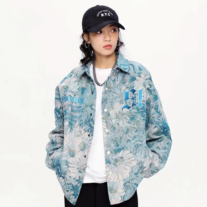 Y2k floral print varsity style jacket with daisy flowers