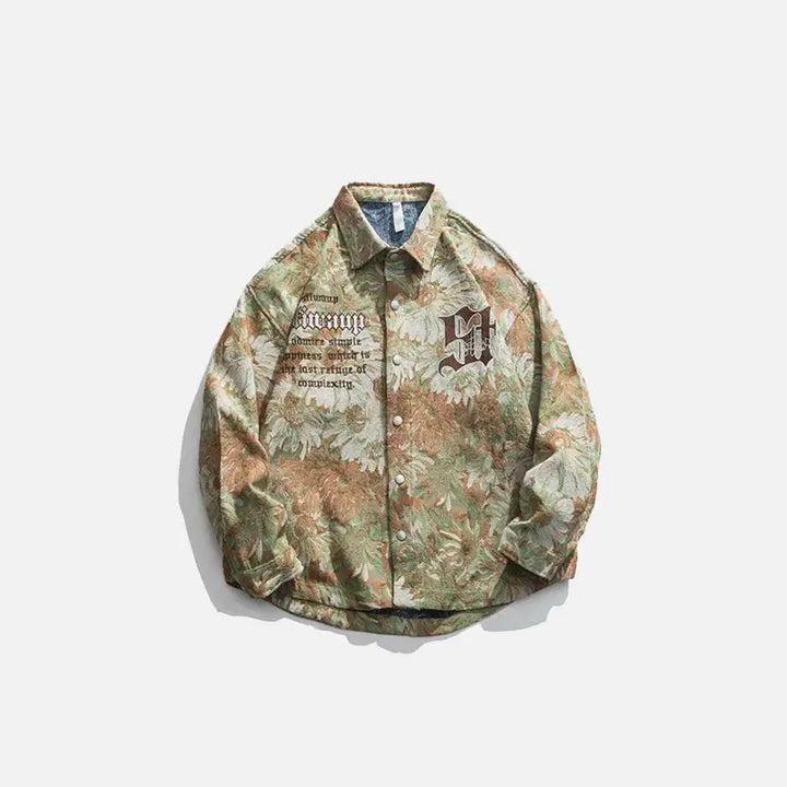 Y2k floral print varsity style jacket with daisy flowers - green / m