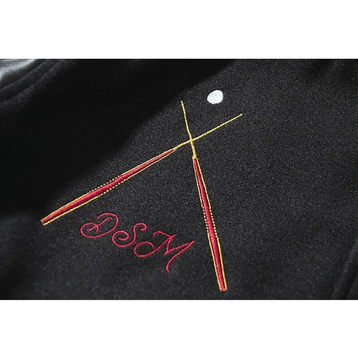 Dark embroidery leather varsity jacket for a stylish look - jackets