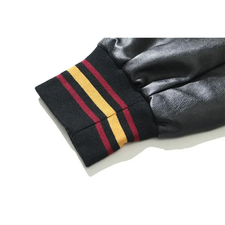 Dark embroidery leather varsity jacket for a stylish look - jackets