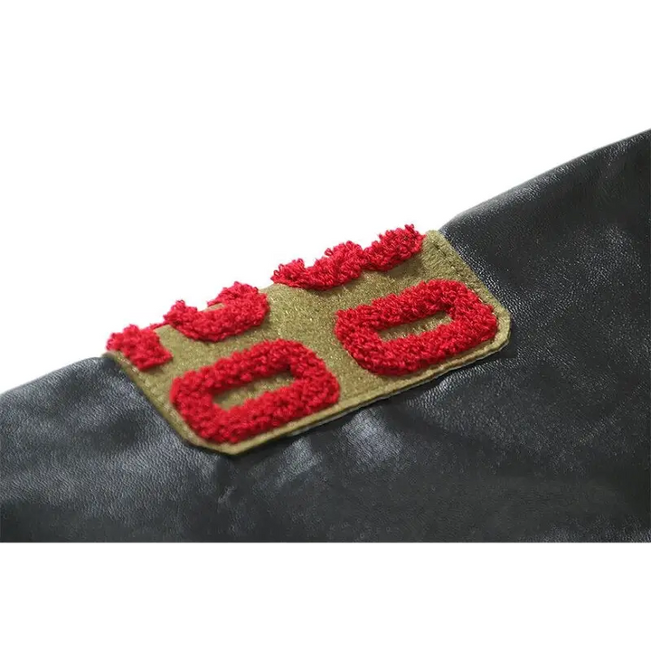 Dark embroidery leather varsity jacket for a stylish look - jackets