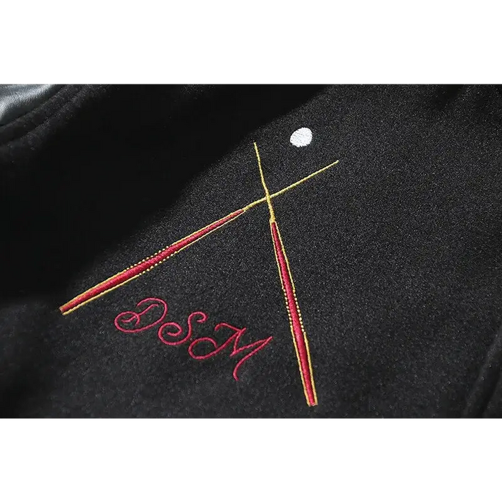 Dark embroidery leather varsity jacket for a stylish look - jackets