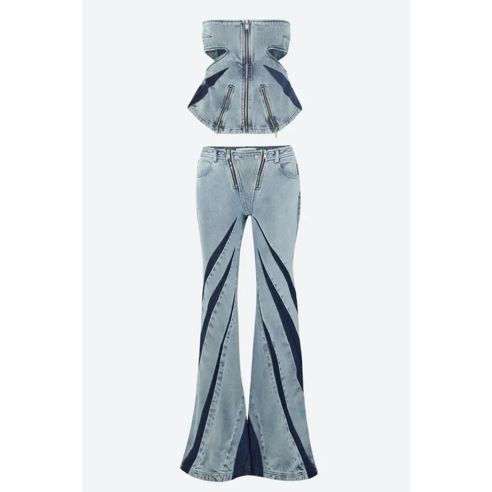 Y2k denim jeans two-piece set with cut-out details and stylish patches - blue / set- cut out tube top & patch jeans / s