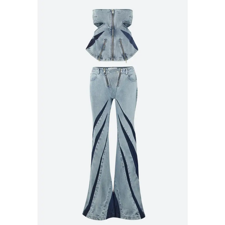 Y2k denim jeans two-piece set with cut-out details and stylish patches - blue / set- cut out tube top & patch jeans / s