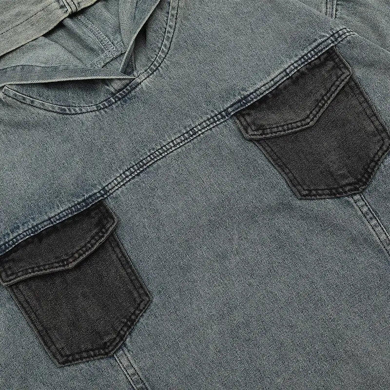 Y2k denim jeans pocket hoodie for street style comfort - hoodies