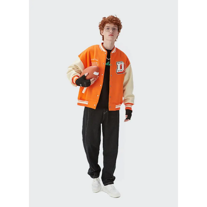 Y2k don’t care varsity jacket for streetwear enthusiasts - orange / s - varsity jackets