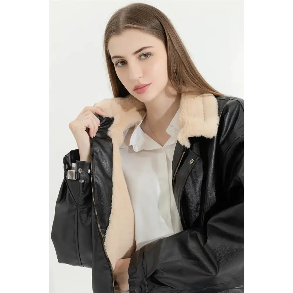 Faux leather jacket with fur and button fastening