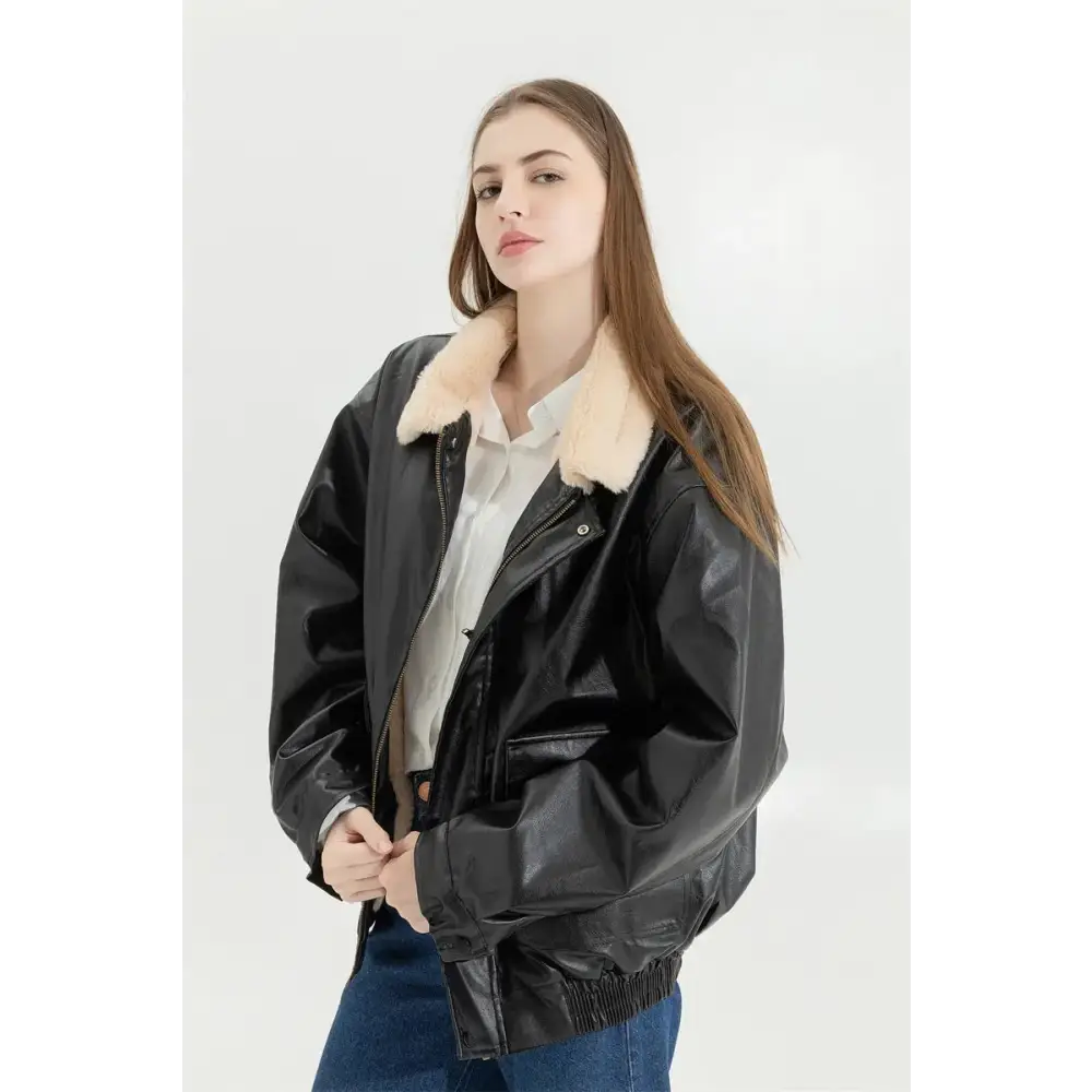 Faux leather jacket with fur and button fastening - black / one size