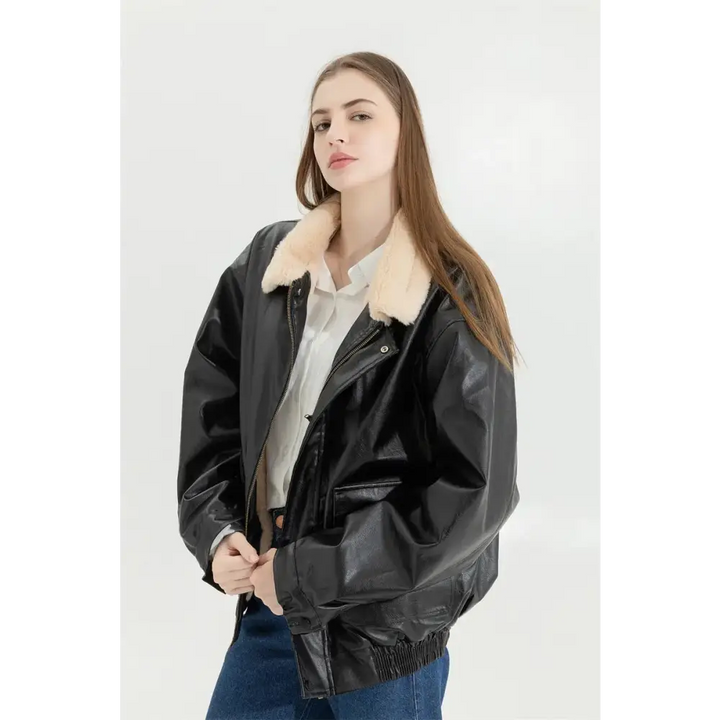 Faux leather jacket with fur and button fastening - black / one size
