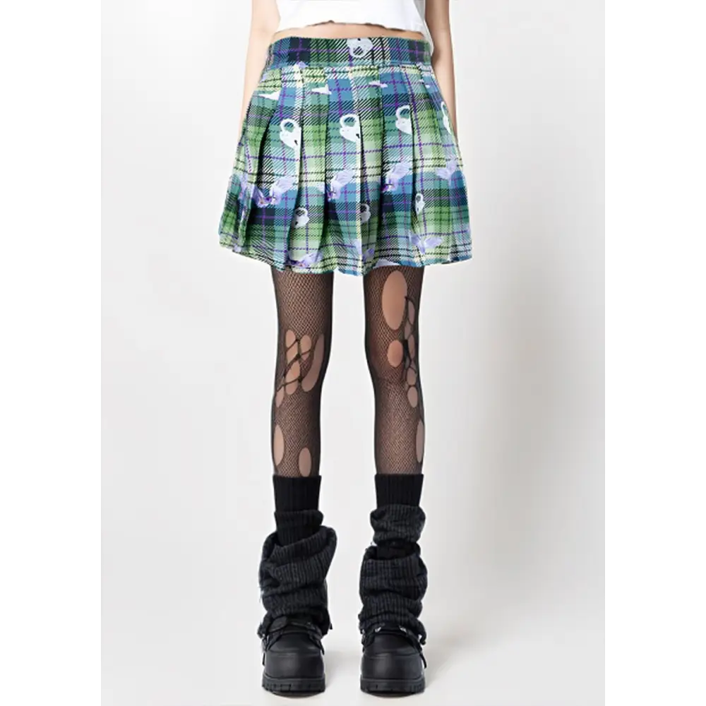 Dreamcore eye angel green plaid pleated skirt for enchanting style - xs - skirts