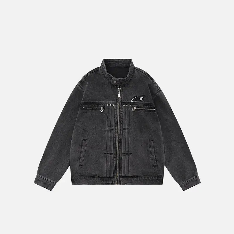 Y2k pleated denim jacket with letter embroidery for a stylish look - black / s