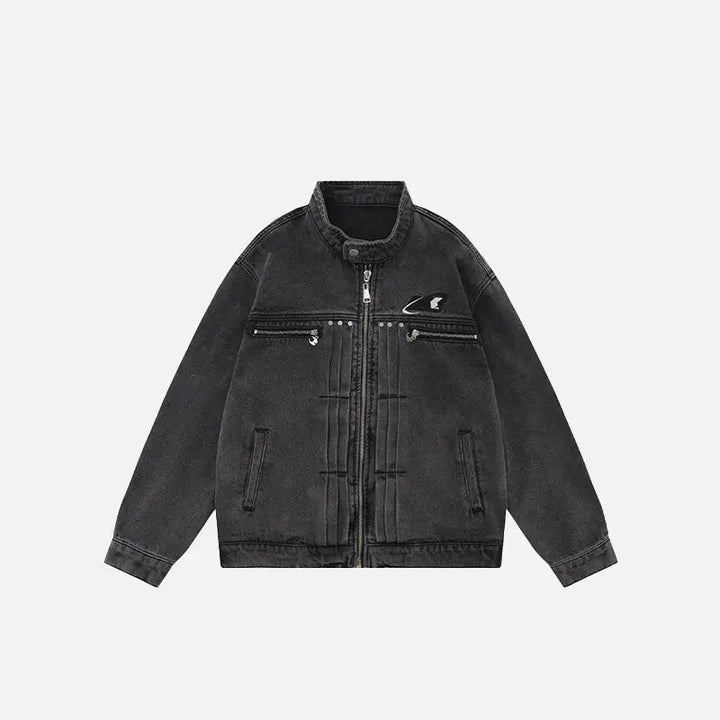 Y2k pleated denim jacket with letter embroidery for a stylish look - black / s