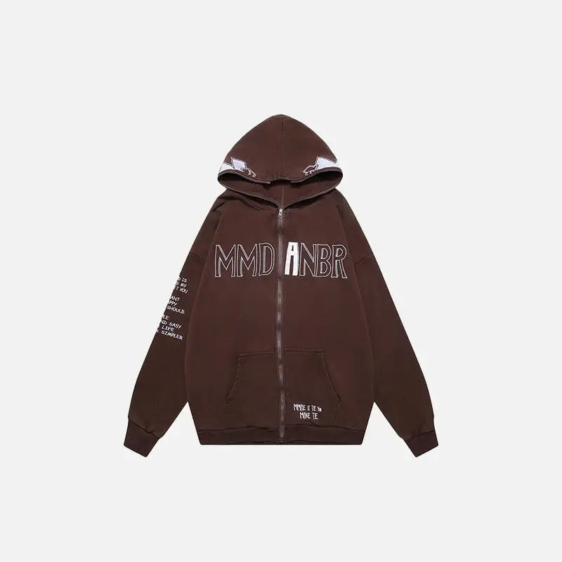 Embroidered letter print zip hoodie for comfort and style - auburn / m - hoodies