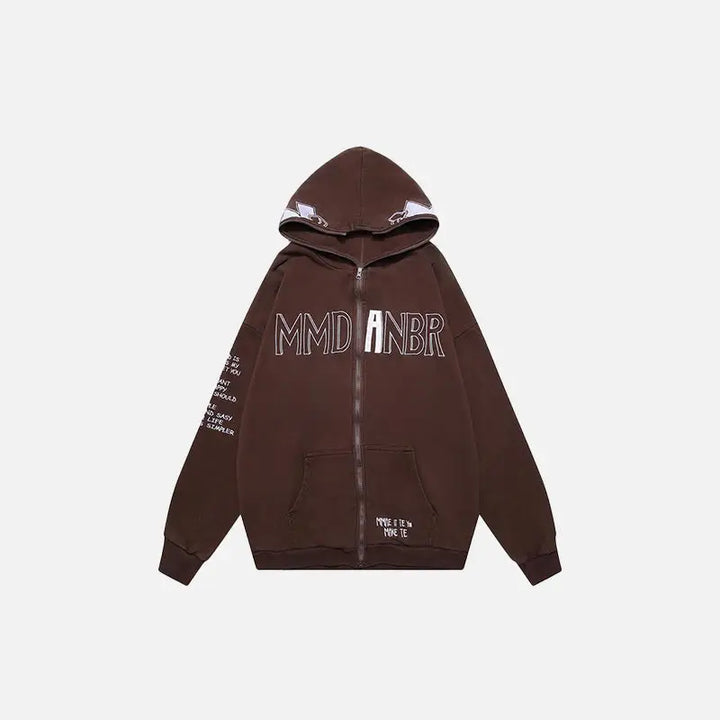 Embroidered letter print zip hoodie for comfort and style - auburn / m - hoodies