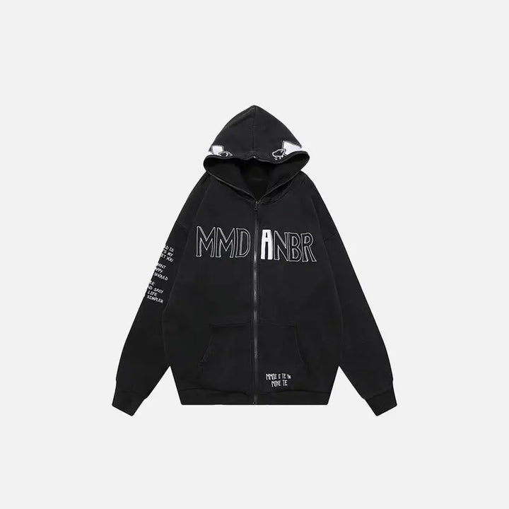 Embroidered letter print zip hoodie for comfort and style - black / m - hoodies