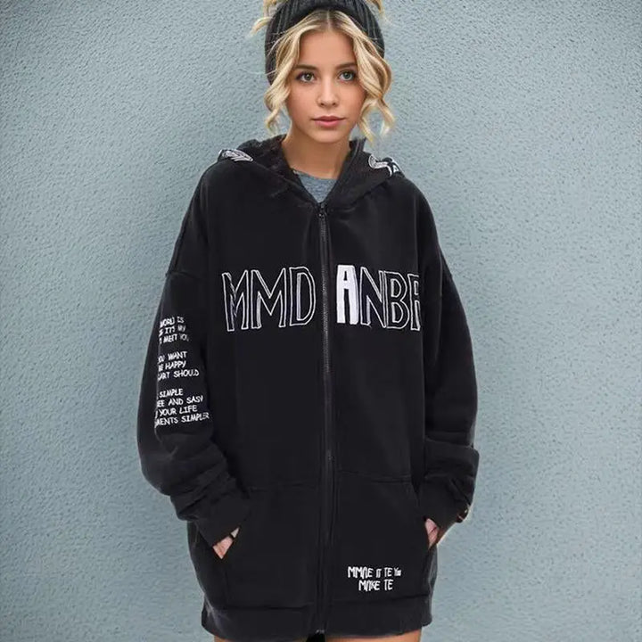 Embroidered letter print zip hoodie for comfort and style - hoodies