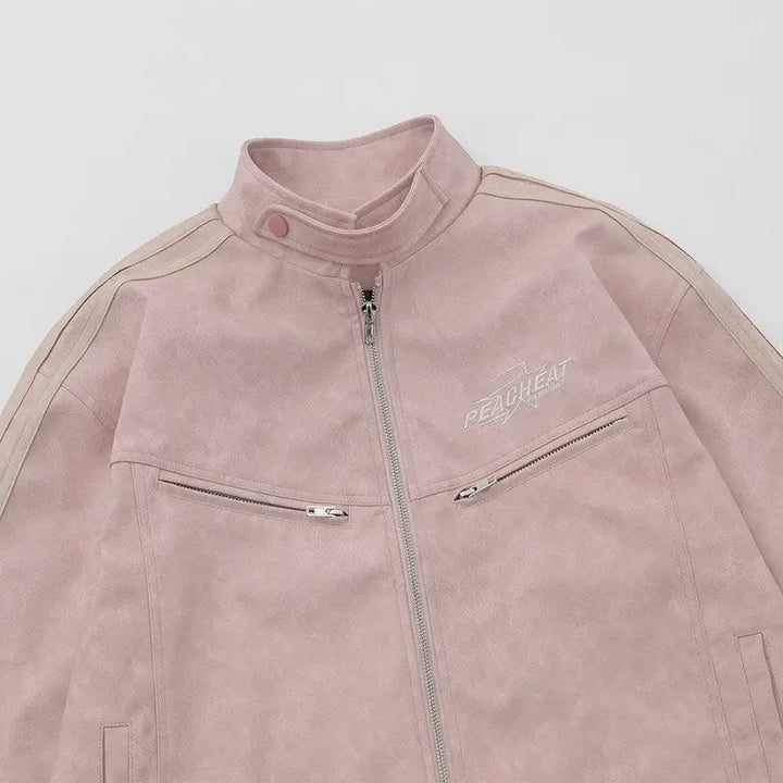 Embroidered striped sleeve leather jacket in y2k style - jackets