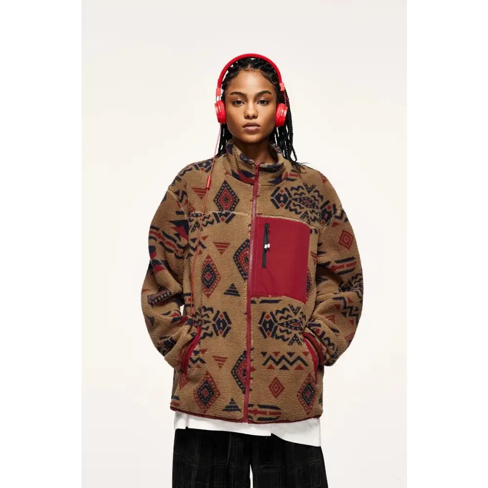 Y2k ethnic sherpa full zip jacket for winter comfort - jackets