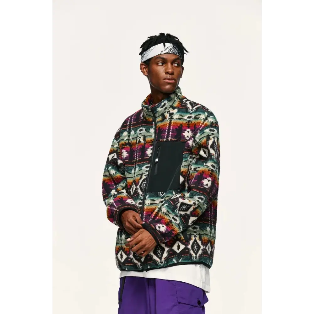 Y2k ethnic sherpa full zip jacket for winter comfort - jackets
