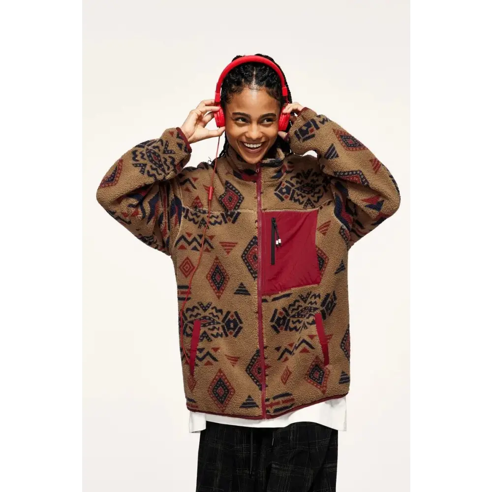 Y2k ethnic sherpa full zip jacket for winter comfort - jackets