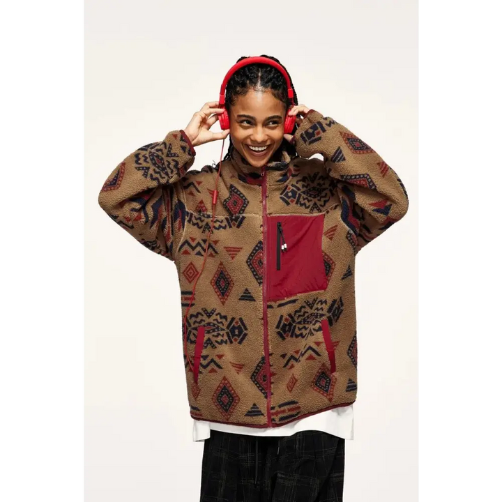 Y2k ethnic sherpa full zip jacket for winter comfort - jackets