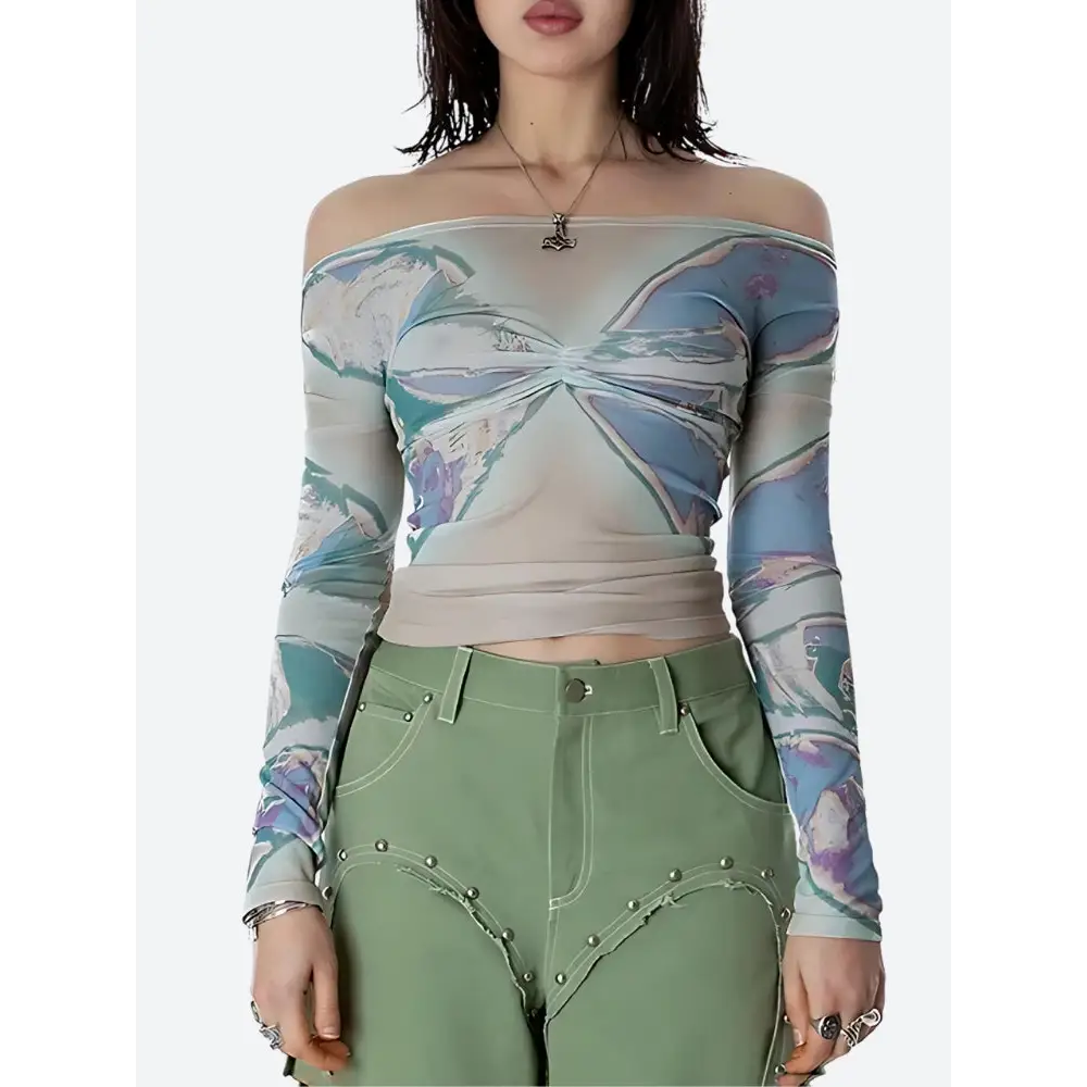 Fairycore butterfly print mesh top perfect for y2k style - light blue / s