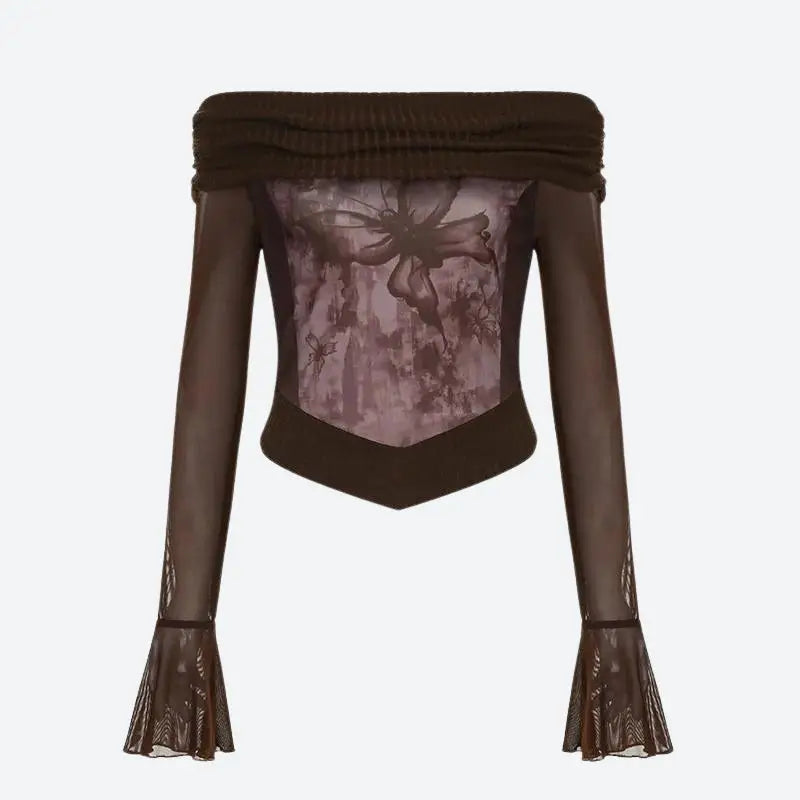 Fairycore butterfly ruched off shoulder top with mesh material sleeves