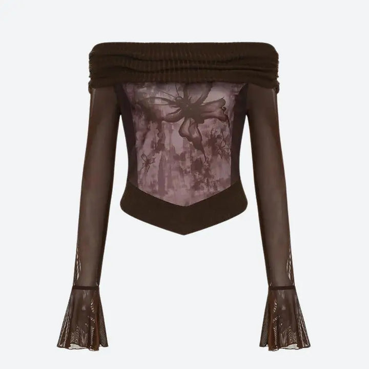 Fairycore butterfly ruched off shoulder top with mesh material sleeves