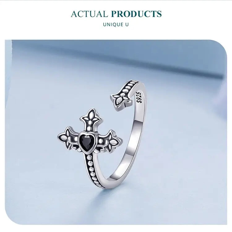 Y2k sterling silver faith cross ring with black zircon - rings