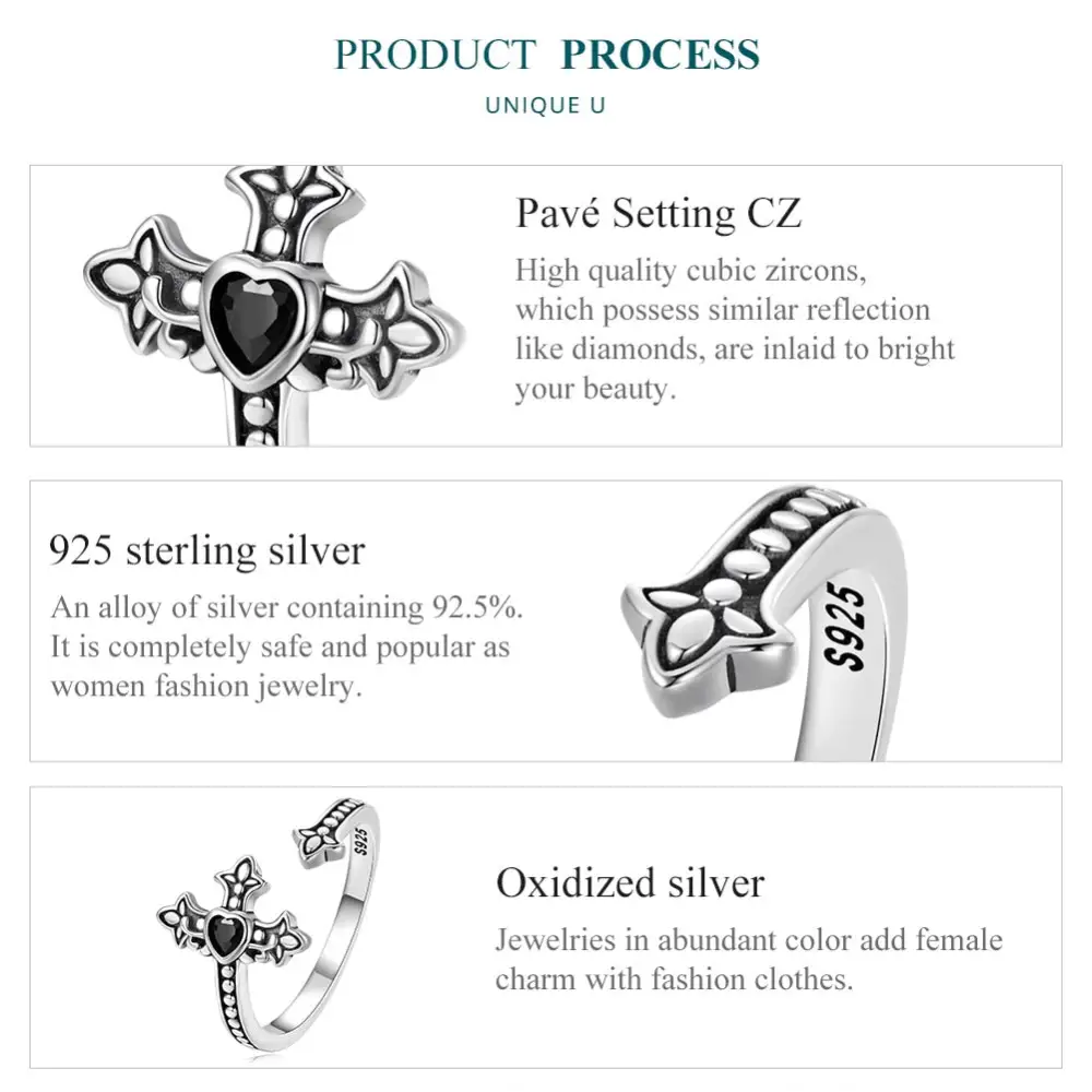 Y2k sterling silver faith cross ring with black zircon - rings