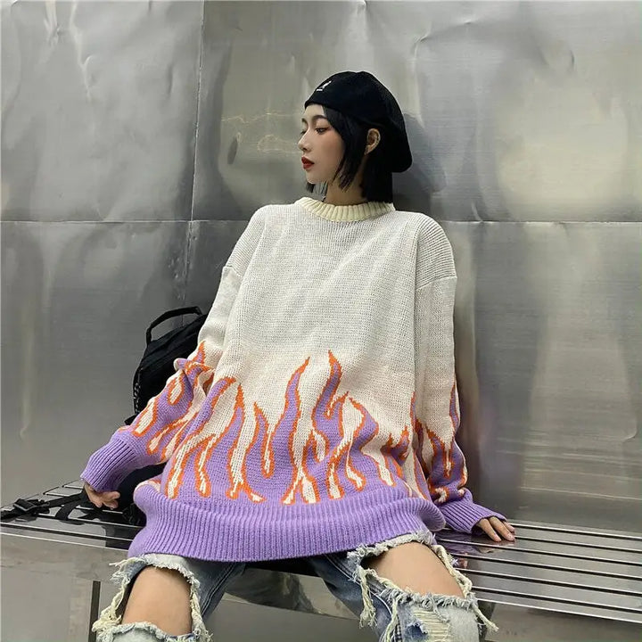 Y2k flame knit sweater - comfort and urban style - white / s