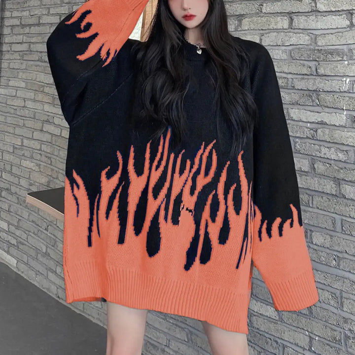 Y2k flame knit sweater - comfort and urban style - orange / s