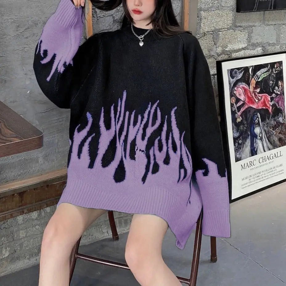 Y2k flame knit sweater - comfort and urban style - purple / s