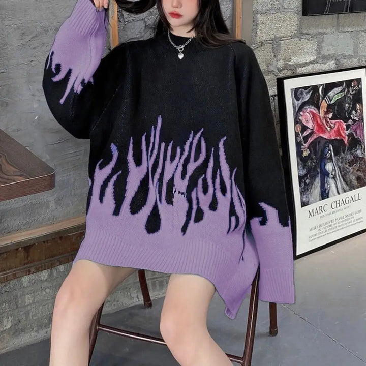 Y2k flame knit sweater - comfort and urban style - purple / s