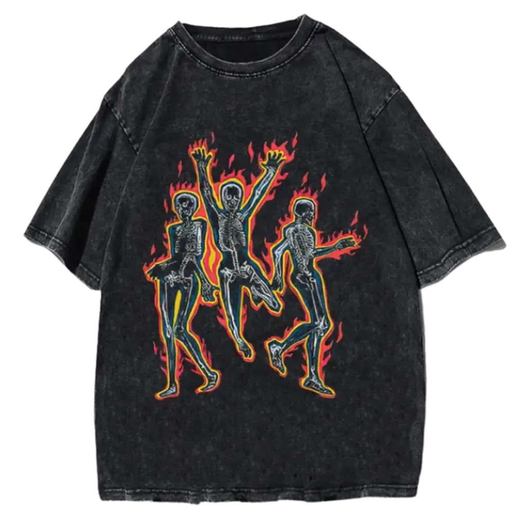 Flame skeleton y2k tee for urban fashion enthusiasts - washed black / m