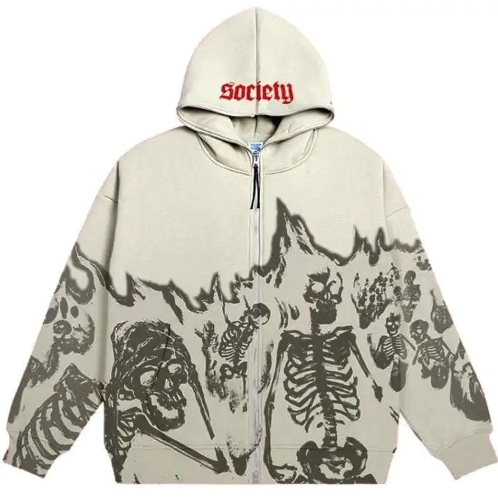 Flaming skeleton y2k zipper washed grau - white / s