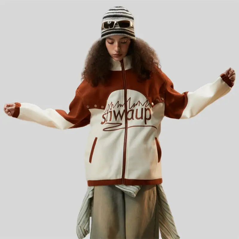 Campus jacket with flamboyant stand collar in trendy patchwork design - varsity jackets