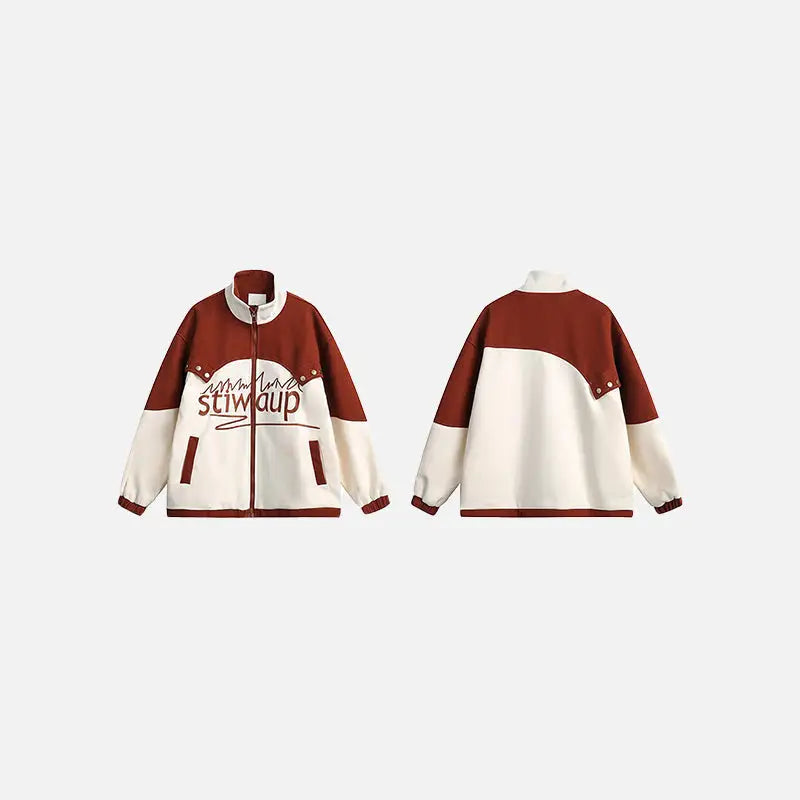 Campus jacket with flamboyant stand collar in trendy patchwork design - varsity jackets