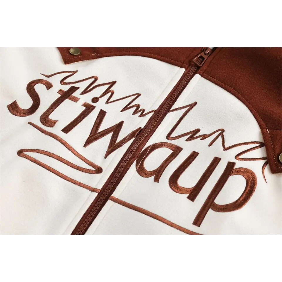 Campus jacket with flamboyant stand collar in trendy patchwork design - varsity jackets