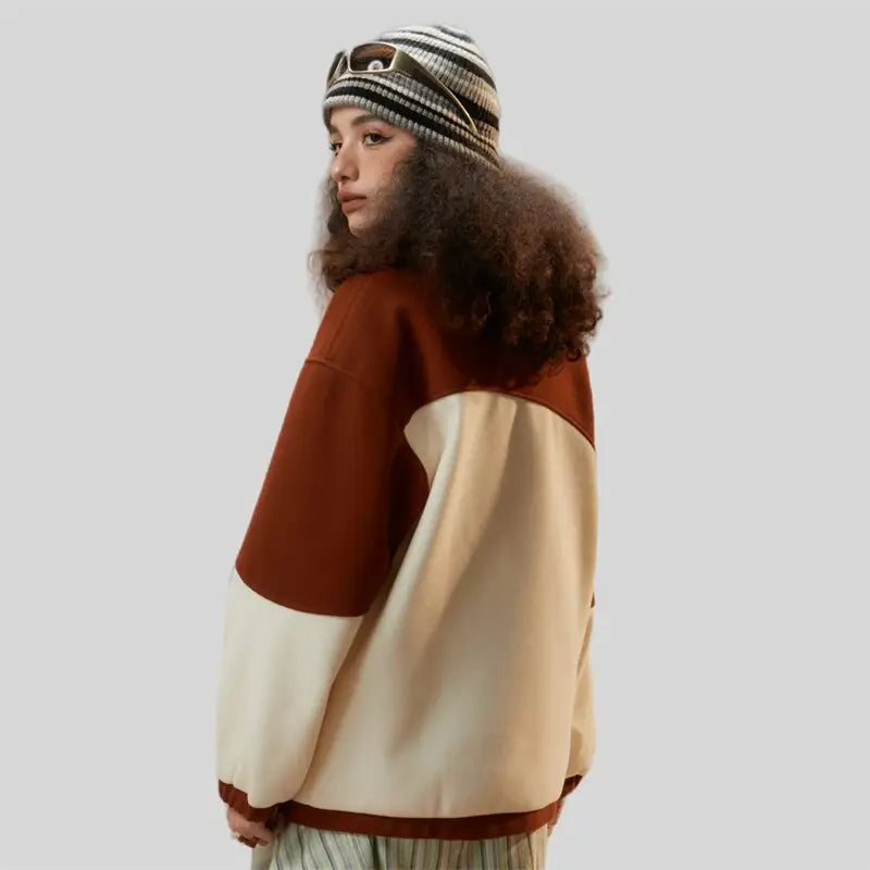 Campus jacket with flamboyant stand collar in trendy patchwork design - varsity jackets